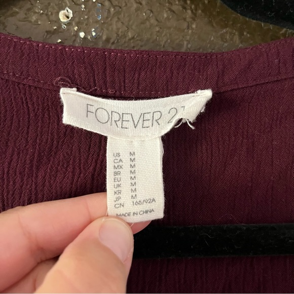 Maroon Purple Long Sleeve Ruffle V Neck Lace Up Top, Forever 21 Size Medium - Picture 4 of 6